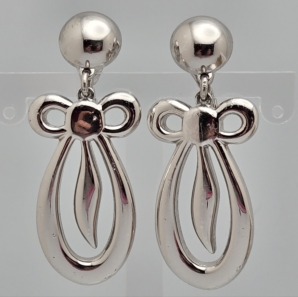 Vintage Monet Silver Bow Drop Clip-On Earrings Retro Dangle